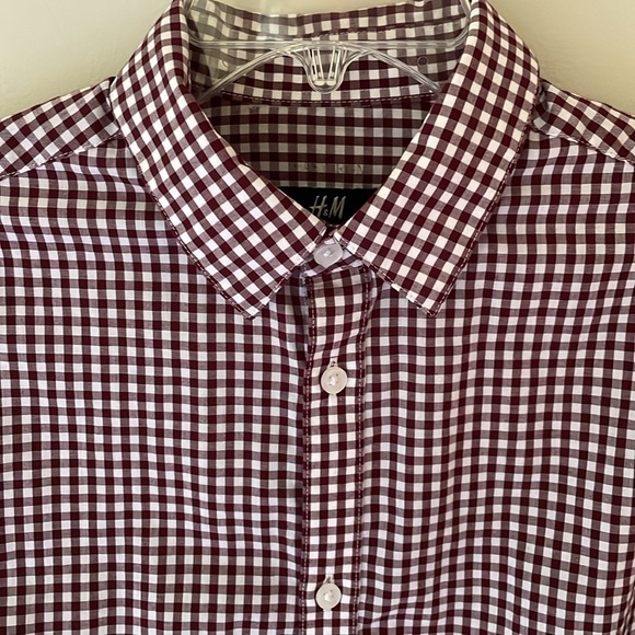H&M Burgundy Maroon White Gingham Check Plaid Button Down Dress Shirt Men S - Picture 1 of 7